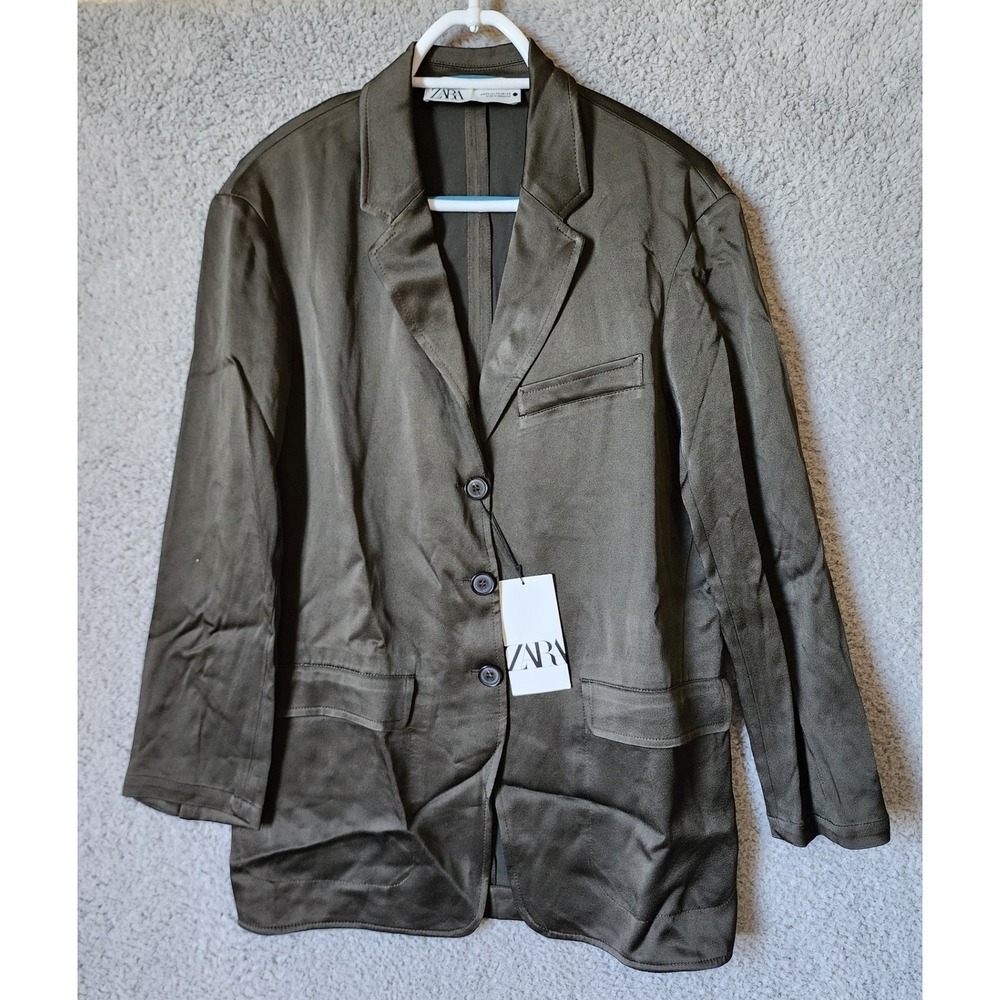 New Zara 3-Button Blazer Womens XS Olive Green Satin Finish‎ Single Breasted